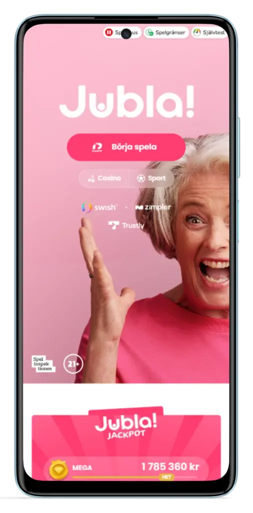 Jubla Casino mobil startsida med BankID och progressiv jackpot